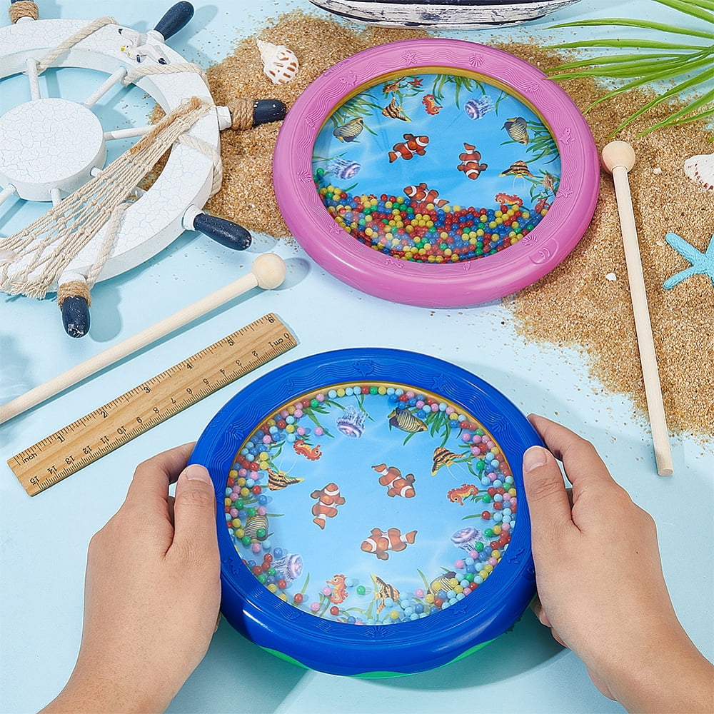 2Pcs Plastic Wave Bead Ocean Drum with 2Pcs Round Head Wood Drumstick Musical Instrument Mixed Color 180x22mm diy