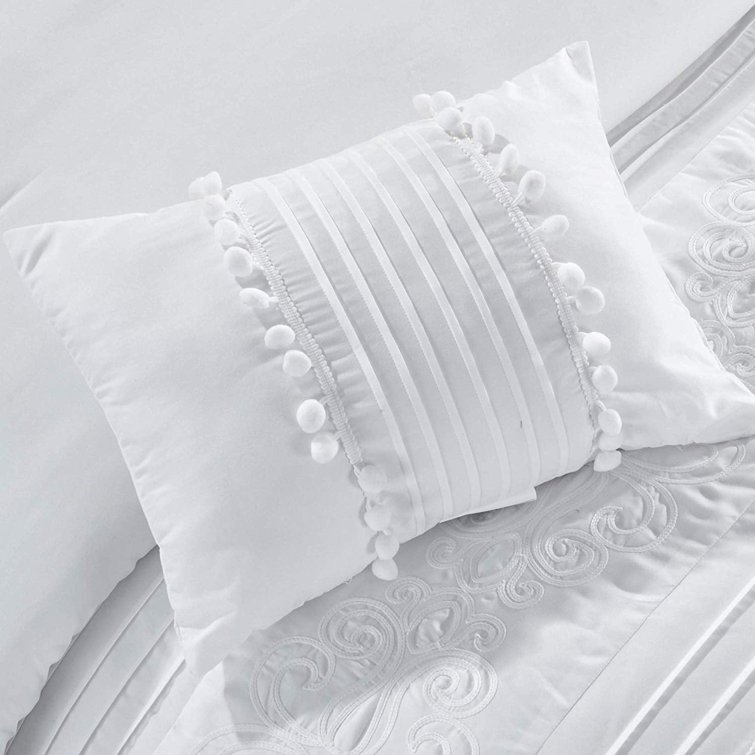 Chezmoi Collection Grace 7-Piece White Floral Chenille Embroidered Pleated  Striped Comforter Set