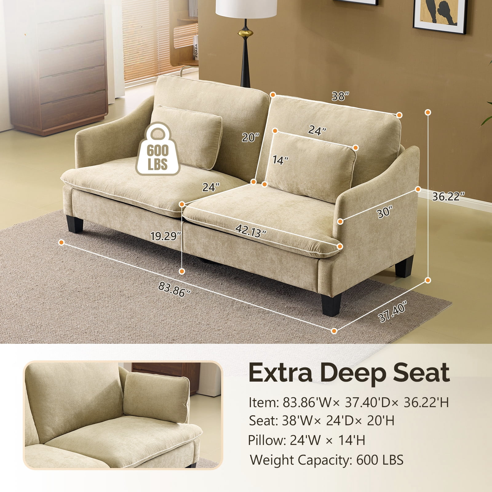 Ktaxon 84" Sofa, Linen Fabric Deep Seat Couch with Lumbar Pillows, Oversized Loveseat for Small Spaces, Living Room Light Khaki