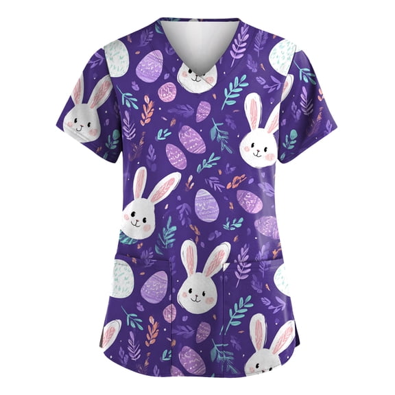 Fabrcox Easter Scrub Tops for Women Bunny Cute Graphic Work Tops for Women with Pocket Short Sleeve V Neck Plus Size Nursing Uniforms for Women Stretch S-5XL