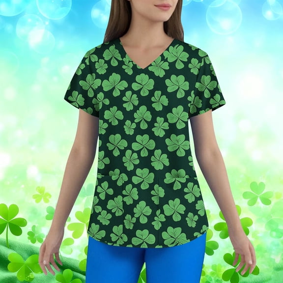 Gamivast Plus Size Womens Scrubs St Patricks Day Shamrock V-Neck Short Sleeve Body Scrubs Soft Breathable Scrubs s Funny Holiday Medical Top Nursing Wear