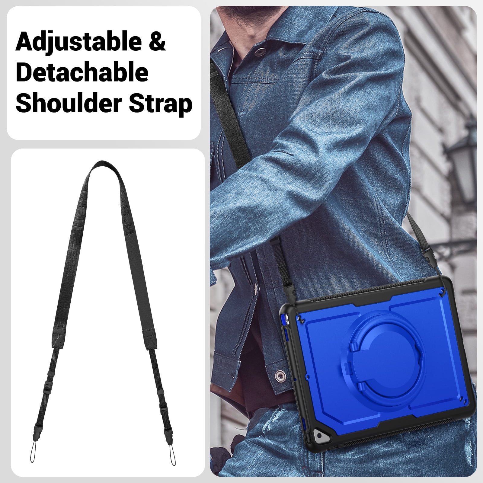 Shockproof Case for Apple iPad 9th 8th 7th Gen 10.2 Inch, Hybrid Protective Cover with Pencil Holder & Shoulder Strap Kids Friendly Rotating Kickstand Case for iPad 10.2" 2021/2020/2019,Darkblue