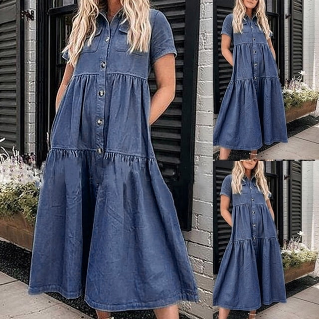 ICHUANYI Clearance Women's Summer Buttoned Short Sleeve Shirt Dress With Lapel Collar(Blue, L) ICHUANYI WER2023080912354