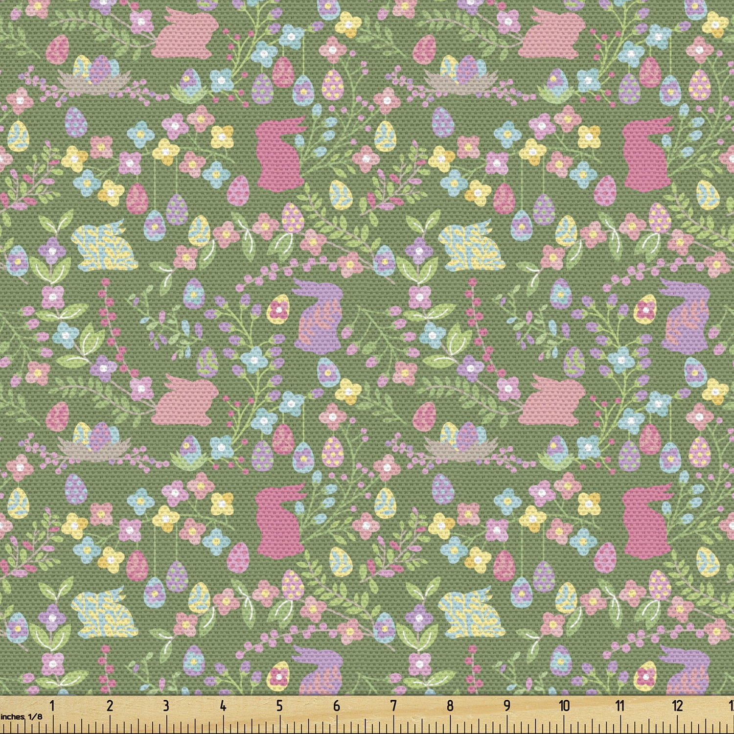 Easter Fabric by The Yard, Flowers Eggs Rabbits Branches in Pastel