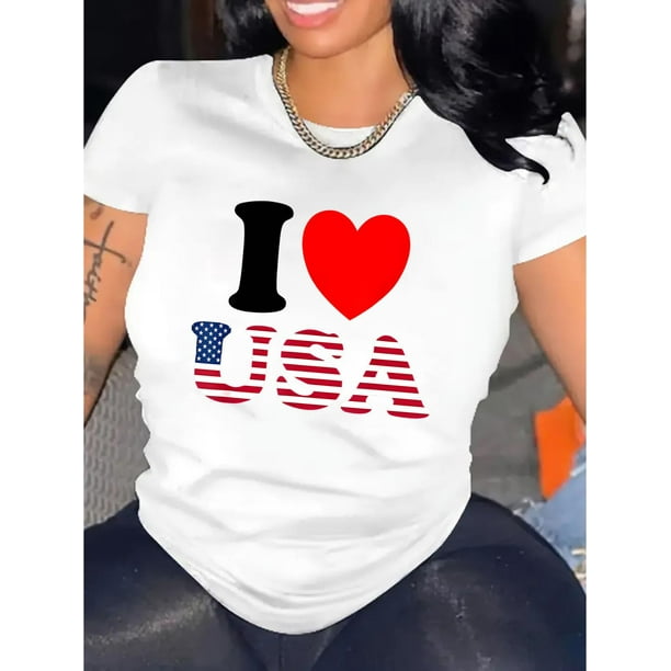 Creative English Love Flag Pattern Print Women's Fashion Trendy Round Neck Short Sleeve, Simple Casual Sports T-shirt, Comfortable Holiday Summer Top Women's Clothing