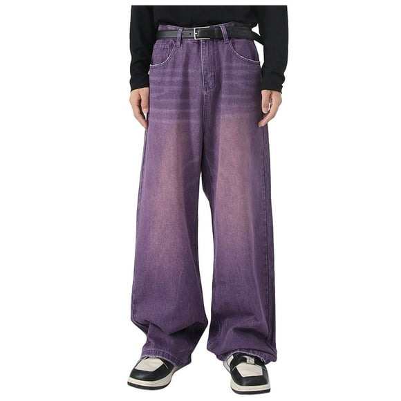 HBFAGFB Jeans for Women Trendy Retro Wide Leg Pants Loose Fit Straight Tube Women's Jeans Purple Size M