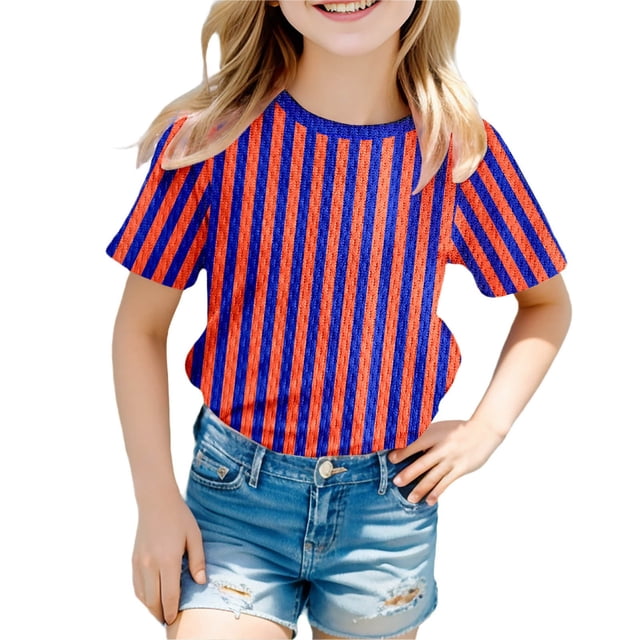 GDREDA T-Shirt Graphique à Manches Courtes Rayé de Carnaval pour Garçons, Chemise de Fête Colorée, Haut Décontracté Confortable pour Enfants, Rouge Brique,120