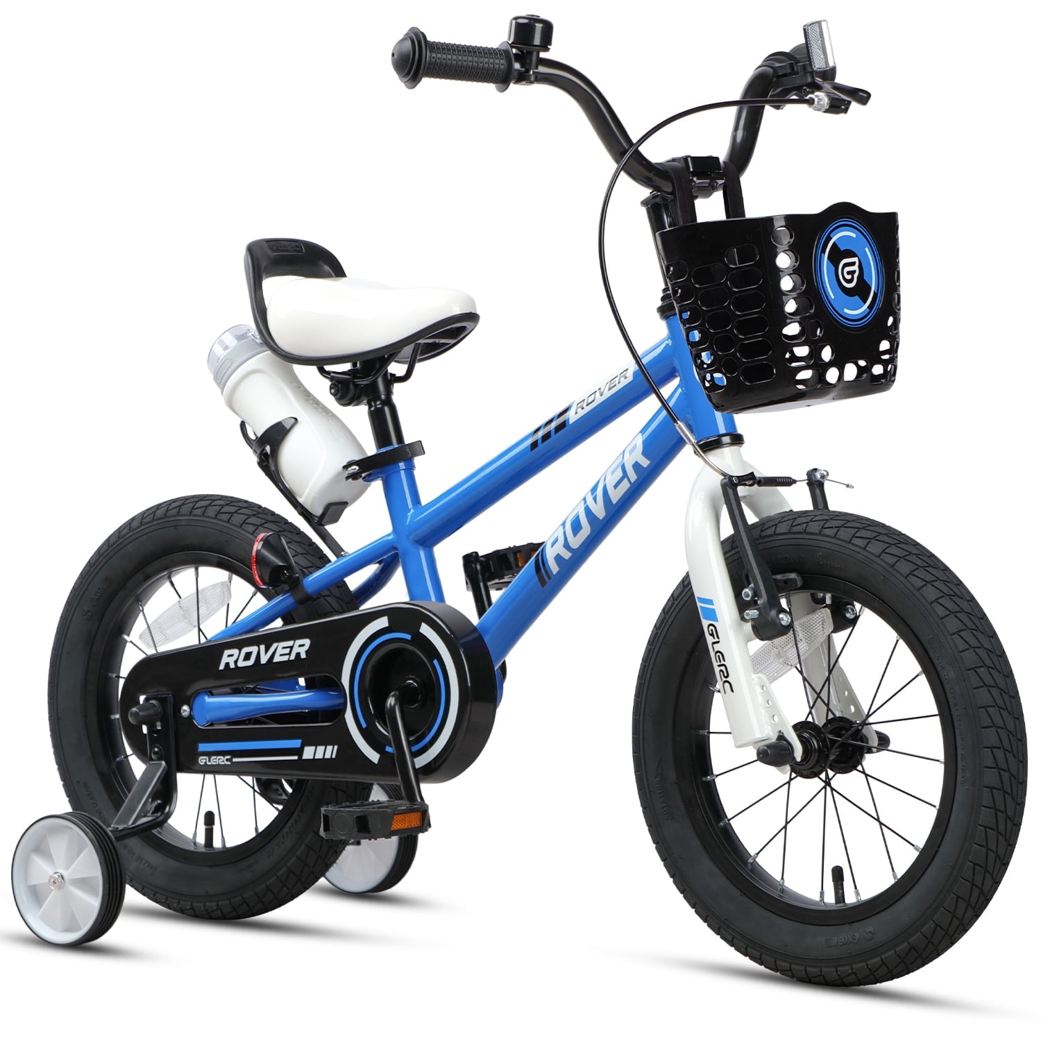 Glerc Rover Kids Bike 14 Inch Boys Bike for 3-5 Years Old Children, Kids Bicycle with Water Bottle & Basket & Training Wheels, Blue