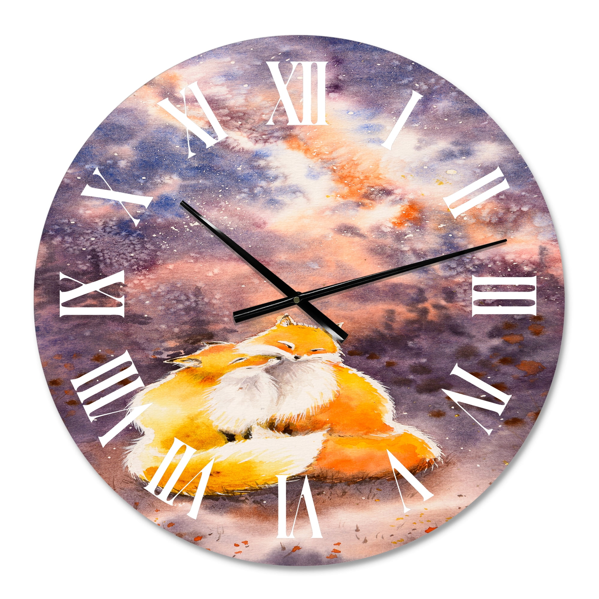 Designart 'Hugging Foxes Over A Night Sky' Children'S Art Wall Clock