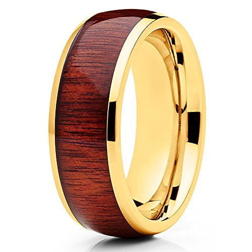 8mm Titanium Wedding Band Koa Wood Unique Yellow Gold Coating Ring Comfort Band 