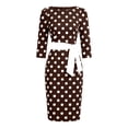 thumbnail image 6 of Women's Vintage Polka Dot Midi Dress, Crew Neck 3/4 Sleeve Self Tie Waist Slim Bodycon Knee-Length Pencil Dress Coffee L(L), 6 of 6