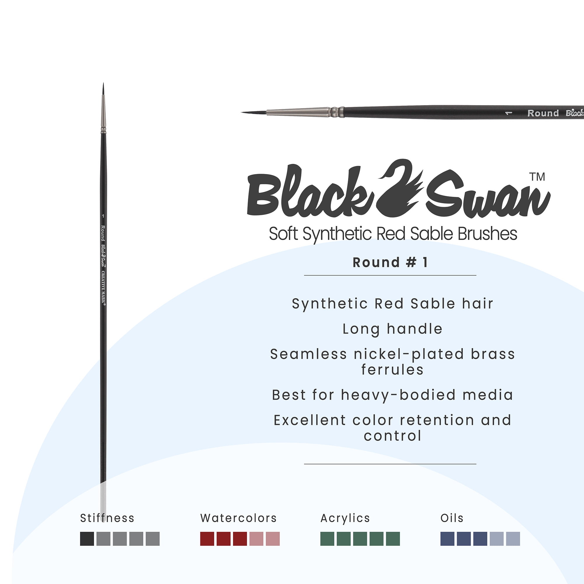 Black Swan Synthetic Red Sable Round Paint Brushes - Round Size # 1 -  Professional Quality Long Handle Paint Brushes for Oil, Heavy Body Media and Acrylic - Artists of All Levels