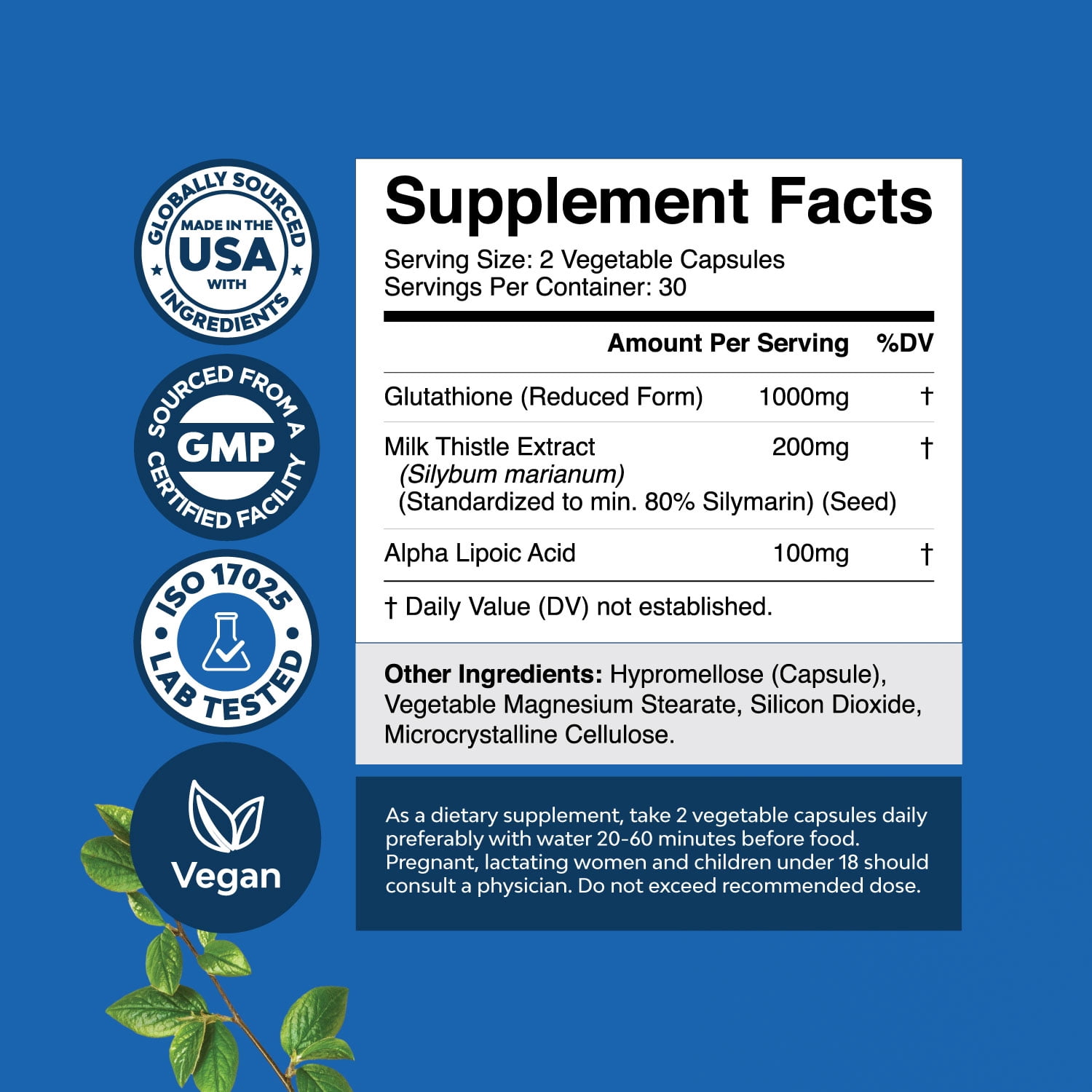 Nature’s Craft Reduced Glutathione Supplement with Glutamic Acid - L Glutathione 1000mg Per Serving with Silymarin Milk Thistle Extract ALA Alpha Lipoic Acid Complex - 60ct
