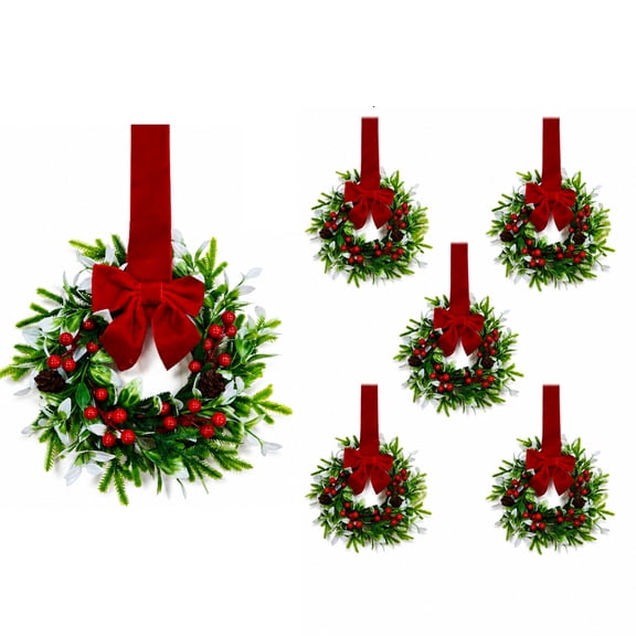 Christmas Wreath Artificial Snow Tipped Greenery Mini Wreath Set with Red Velvet Ribbon 6 Piece for Indoor Home Mantel Window Wall Door Holiday Decor