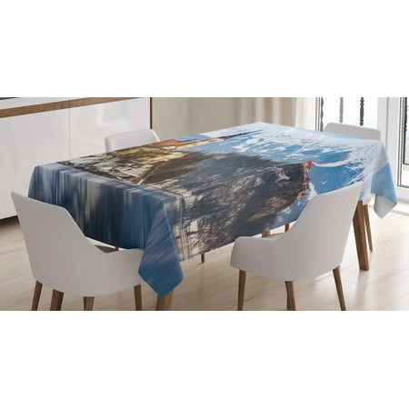 Winter Tablecloth, St. Mary's Church of the Assumption Lake Bled in Slovenia Europe Travel Destination, Rectangular Table Cover for Dining Room Kitchen, 52 X 70 Inches, Multicolor, by