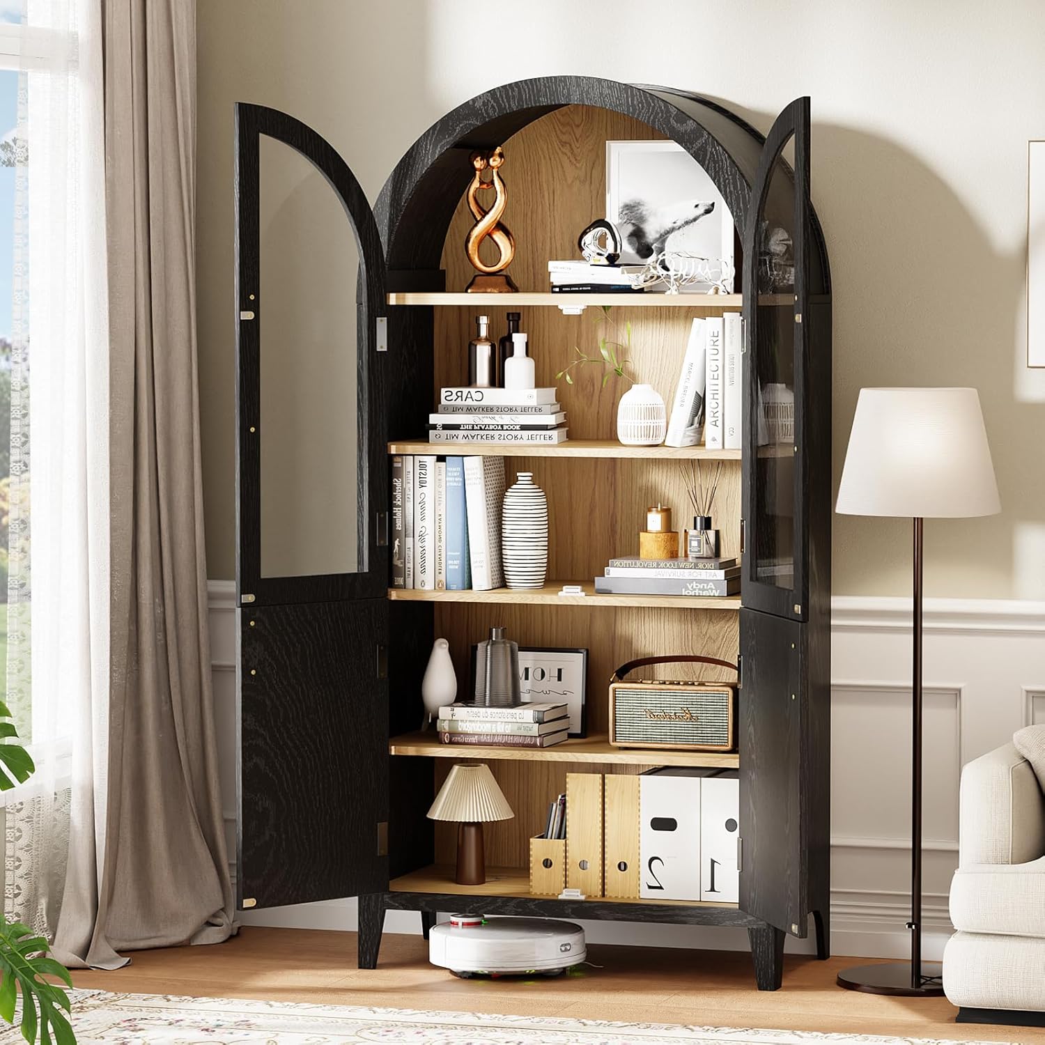 MAYEERTY 63"H Arched Accent Cabinet, Wood Kitchen Storage Cabinets with Glass Rattan Door and Adjustable Shelf for Living Room, Dining Room, Black
