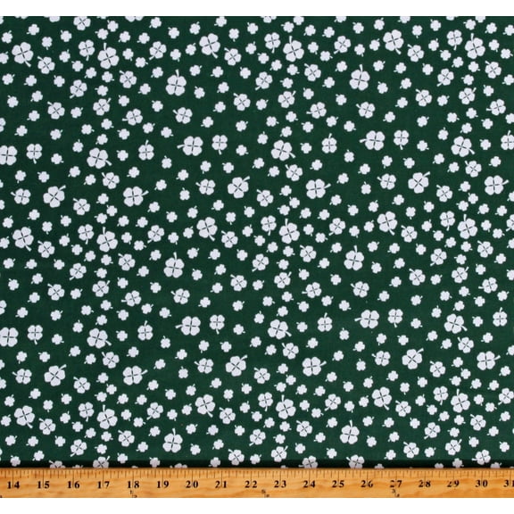 Cotton Shamrocks Saint Patrick's Day Lucky Four-Leaf Clovers on Green Cotton Fabric Print by the Yard (120957)