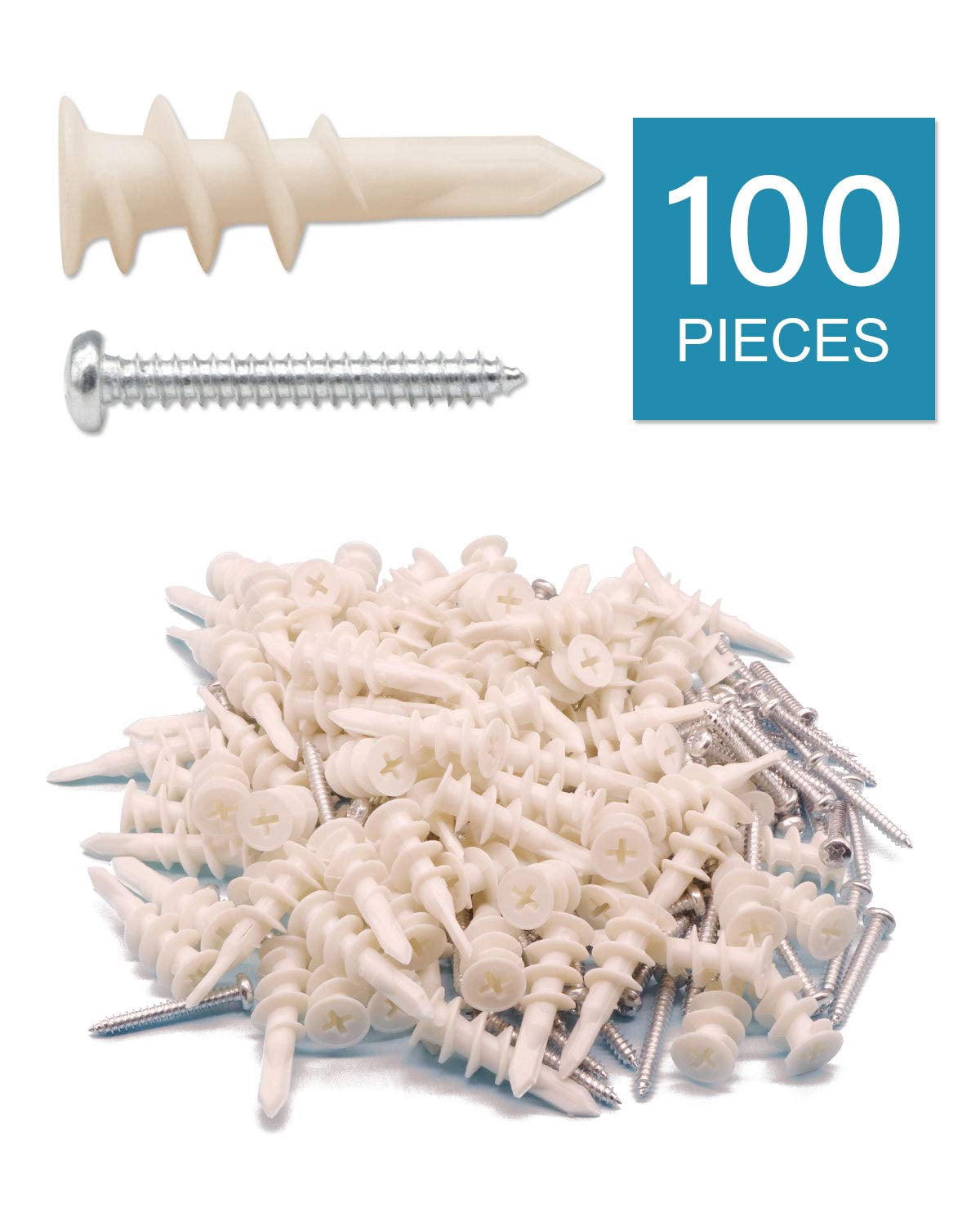 100pcs Plastic Self Drilling Drywall Anchors with Screws Assortment Kit, Wall Anchors Kit with 50pcs Screws/50pcs Drywall Anchors