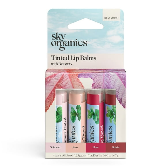 Sky Organics Tinted Lip Balms with Beeswax and a Rich Nourishing Blend of Plant Oils, Moisturizing Lip Balm to Lock In Moisture and Add A Sheer Wash Of Color & Shine , Four Assorted Flavors, 4pk.