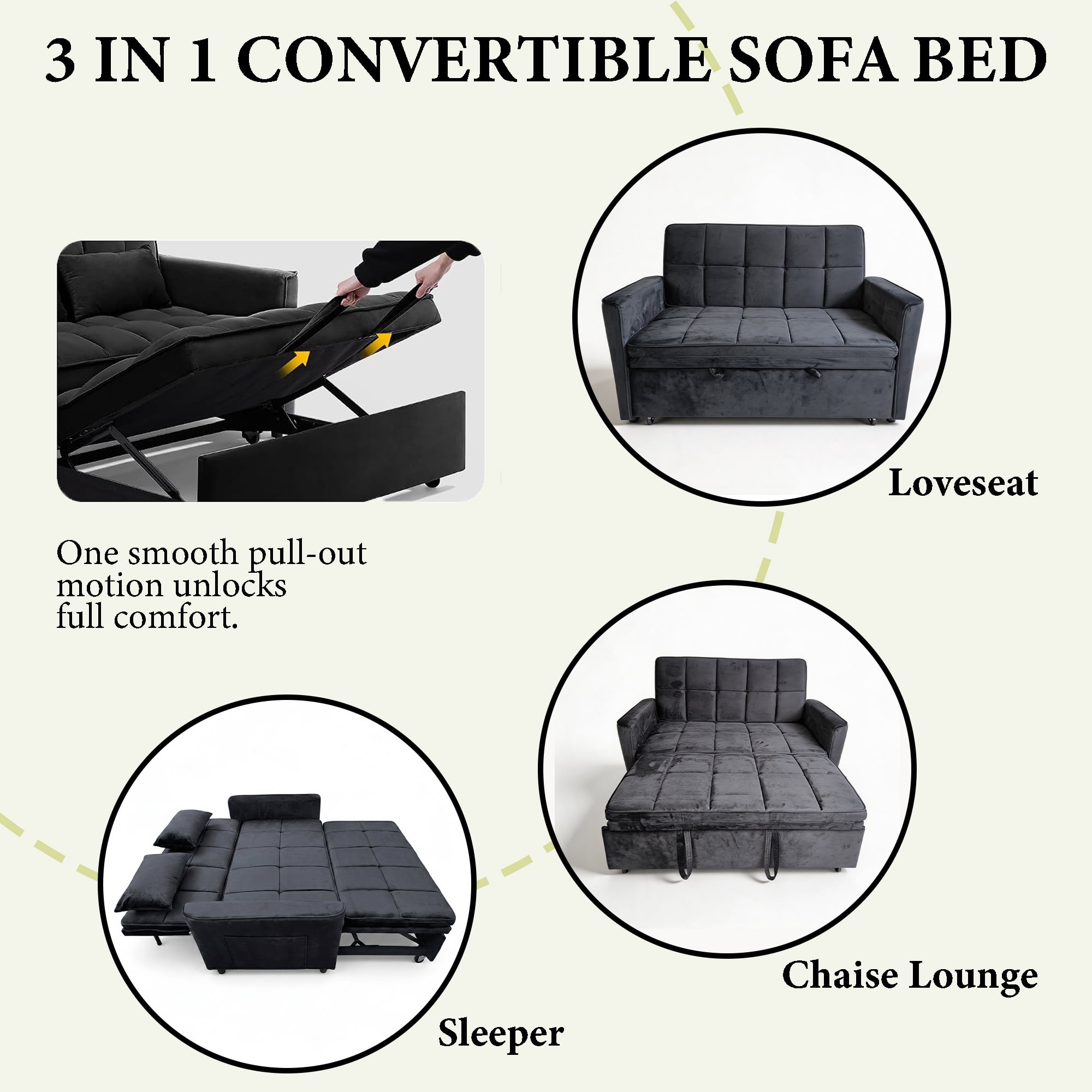 WAKEFIT 54" Pull-Out Sleeper Sofa Bed,3-in-1 Convertible Loveseat Couch with Adjustable Backrest for Small Living Room,Velvet,Black