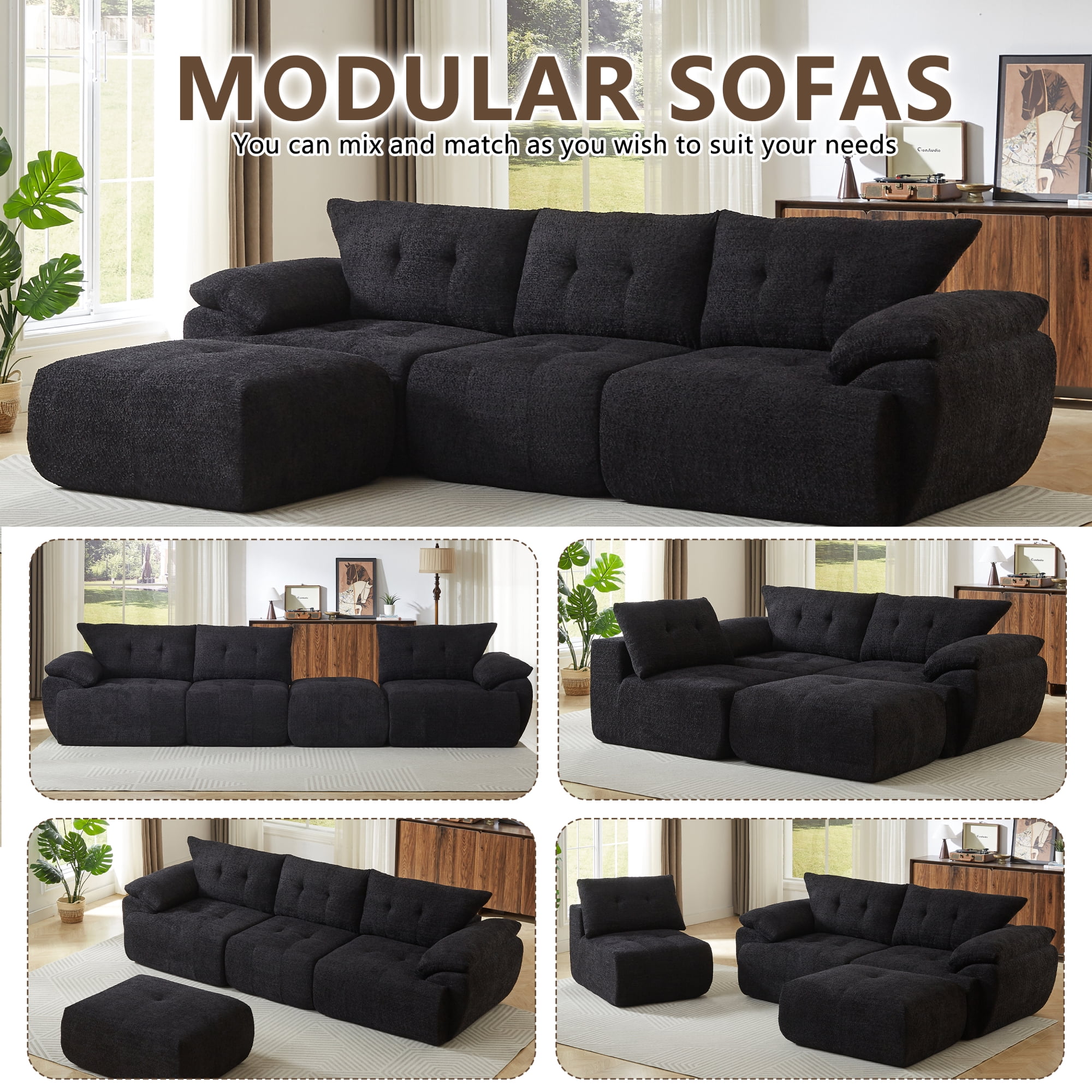 Leumius 115" Modern 3-Seater Sofa, Chenille Sofa with Upholstered Backrest, Curved Horn Backrest for Living Room, Bedroom, Apartment, Office,Black