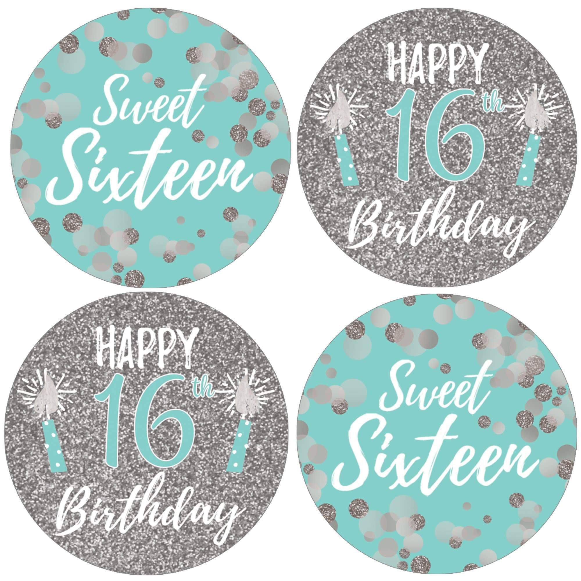 Sweet 16 Teal and Silver Birthday Kisses Candy Stickers