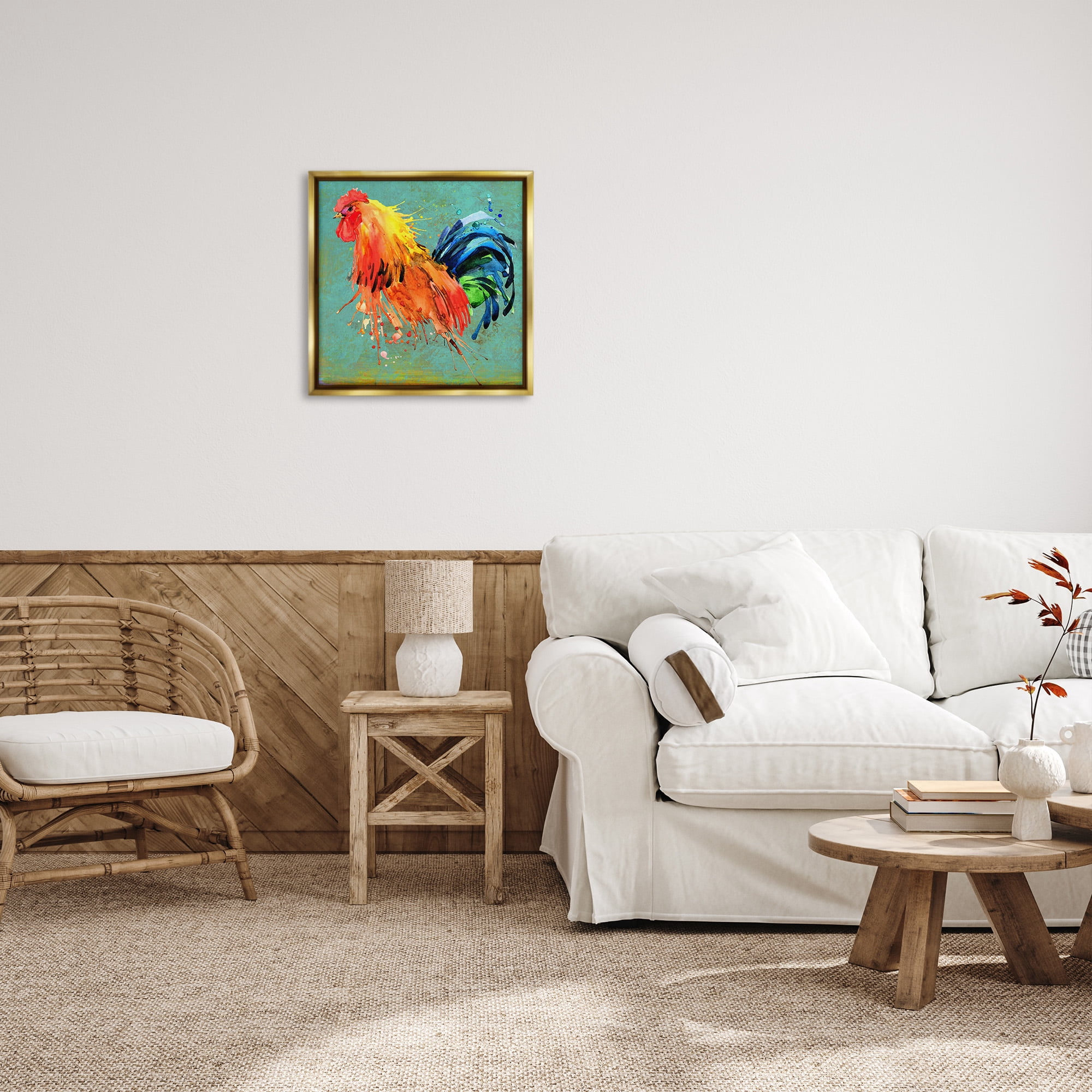 Stupell Industries Urban Abstract Rooster Splash Animals & Insects Painting Gold Floater Framed Canvas Art Print Wall Art, 25 x 25