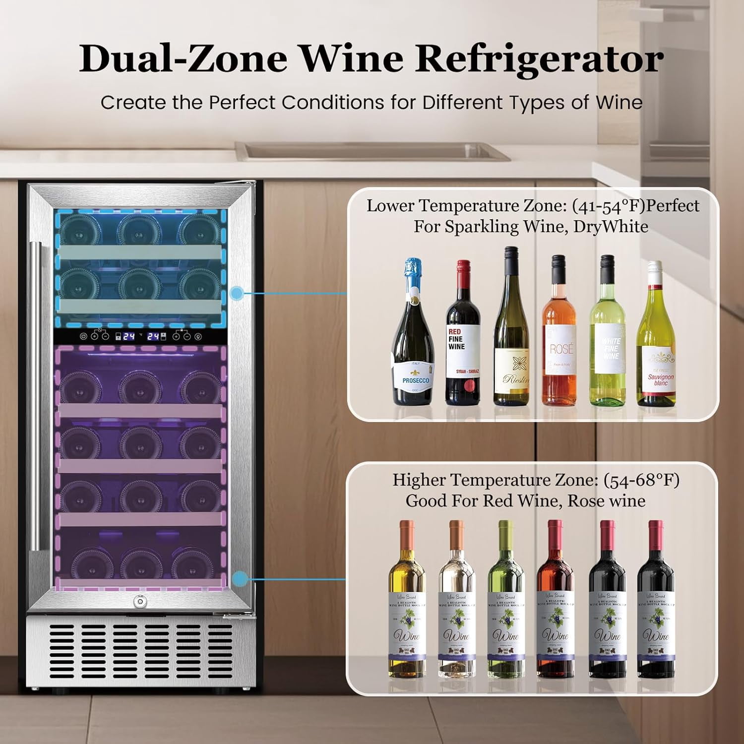 CRZOE 28 Bottle Wine Fridge with Lock, 15 Inch Wine Refrigerator for Red, White, Champagne, Beer, Dual Temperature Zone, Built-In or Freestanding, Wood Shelves, Stainless Steel Glass Door