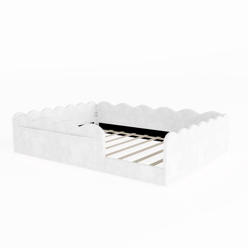 Full Size Upholstered Floor Bed, Faux Rabbit Fur Daybed Frame with 2 Storage Pockets, Kids Bed with Wavy Design Fence