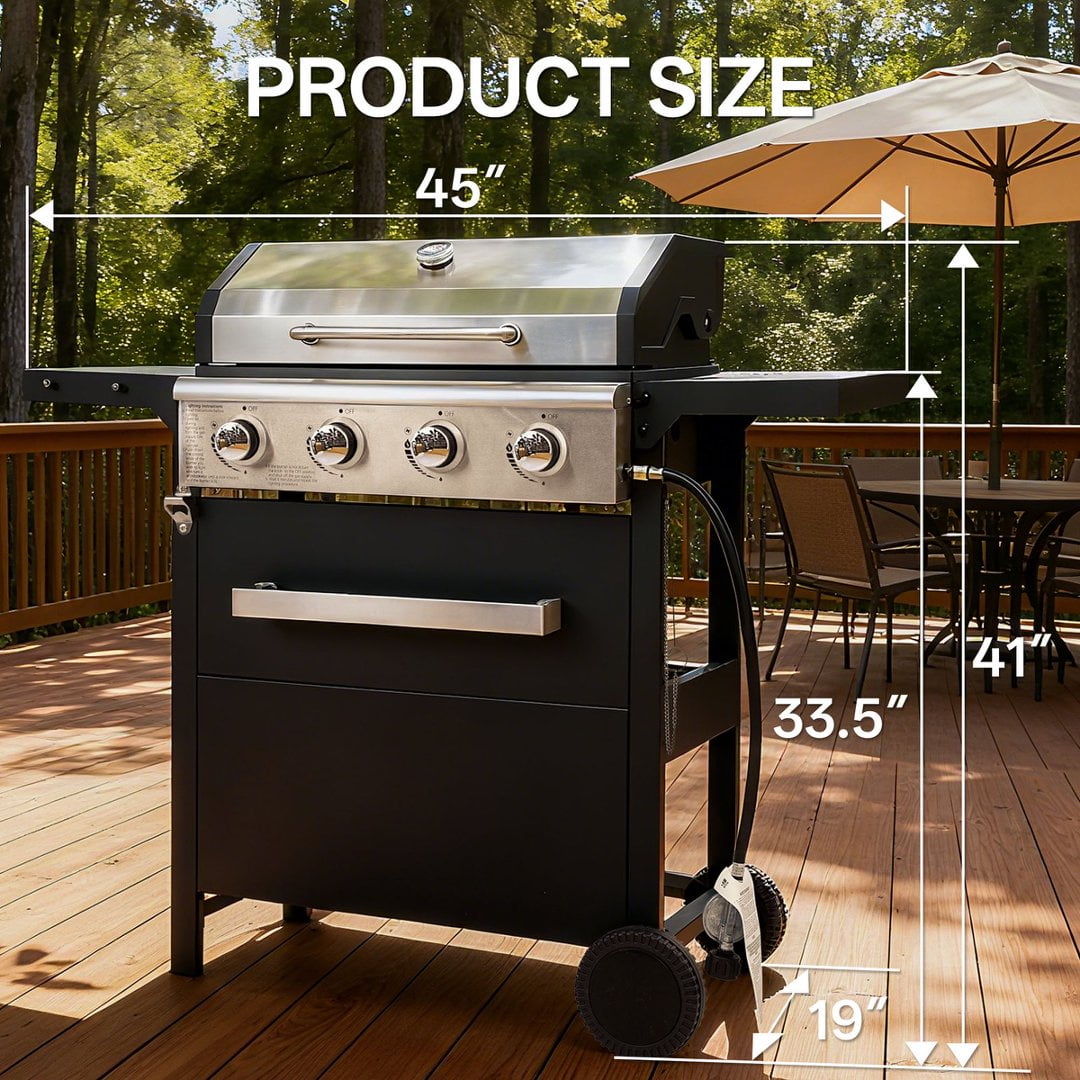 Fehomix 4-Burner Propane Gas Grill with Storage Cabinet & Side Shelves, Outdoor BBQ Grill with Stainless Steel Lid, Pull-Out Grease Tray and Large Wheels for Patio Backyard