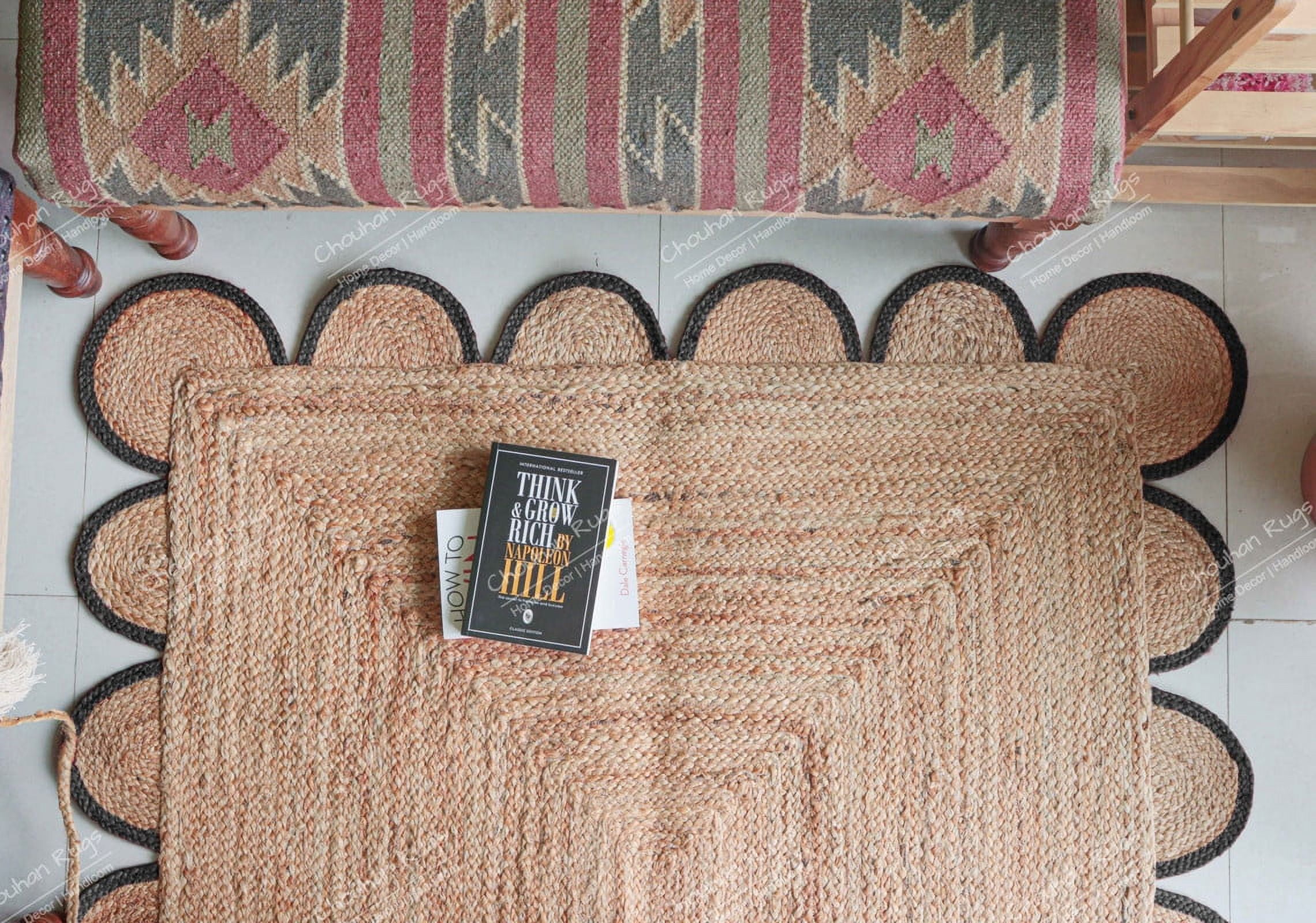 Chouhan Rugs Natural Jute Dark Grey Scalloped Rug Bohemian Rug Decor Rug Handwoven Rug Custom Rug Decorative Rug