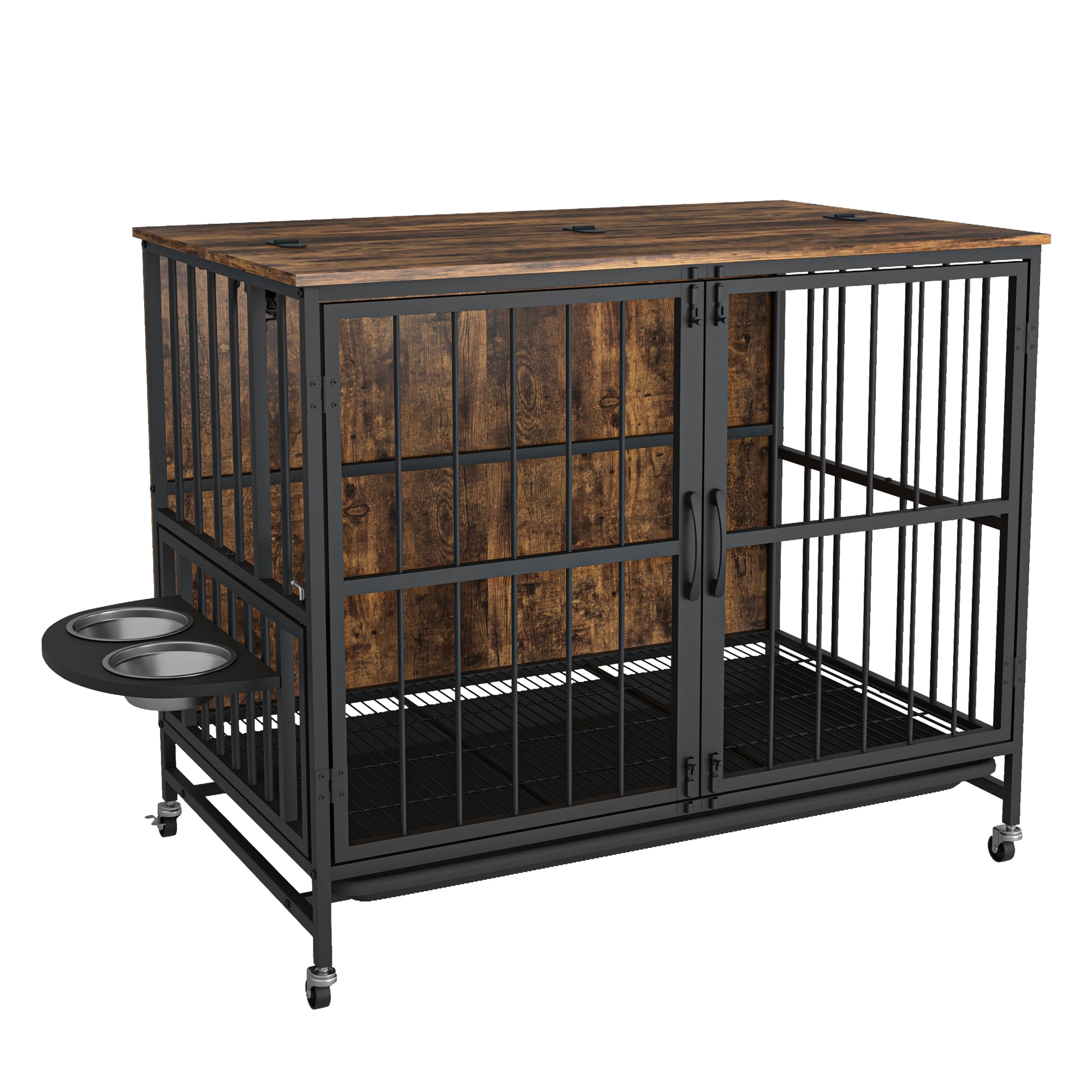 Hommoo Modern Kennel Dogs Room, Double-Door Dog House with Removable Tray, Lift Top, Adjustable Feeding Bowls, Dog Crate Cage for up to 60 lb, Brown