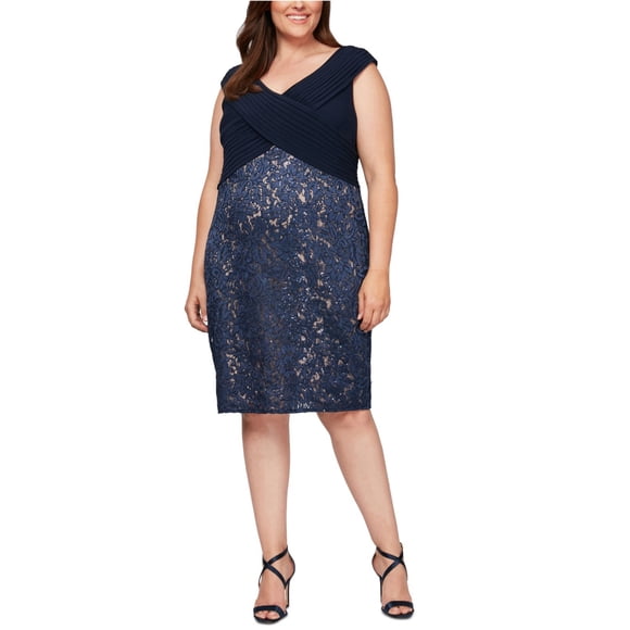 Vestido de tubo de cóctel cruzado de encaje Alex Evenings para mujer navynude 14W