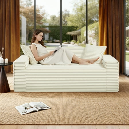 75 inch Cloud Boneless Couch for Living Room 3-Seater with Pillows, Oversized Sofa Sleeper with Deep Seat Corduroy Sofa in A Box, No Assembly Required, Beige