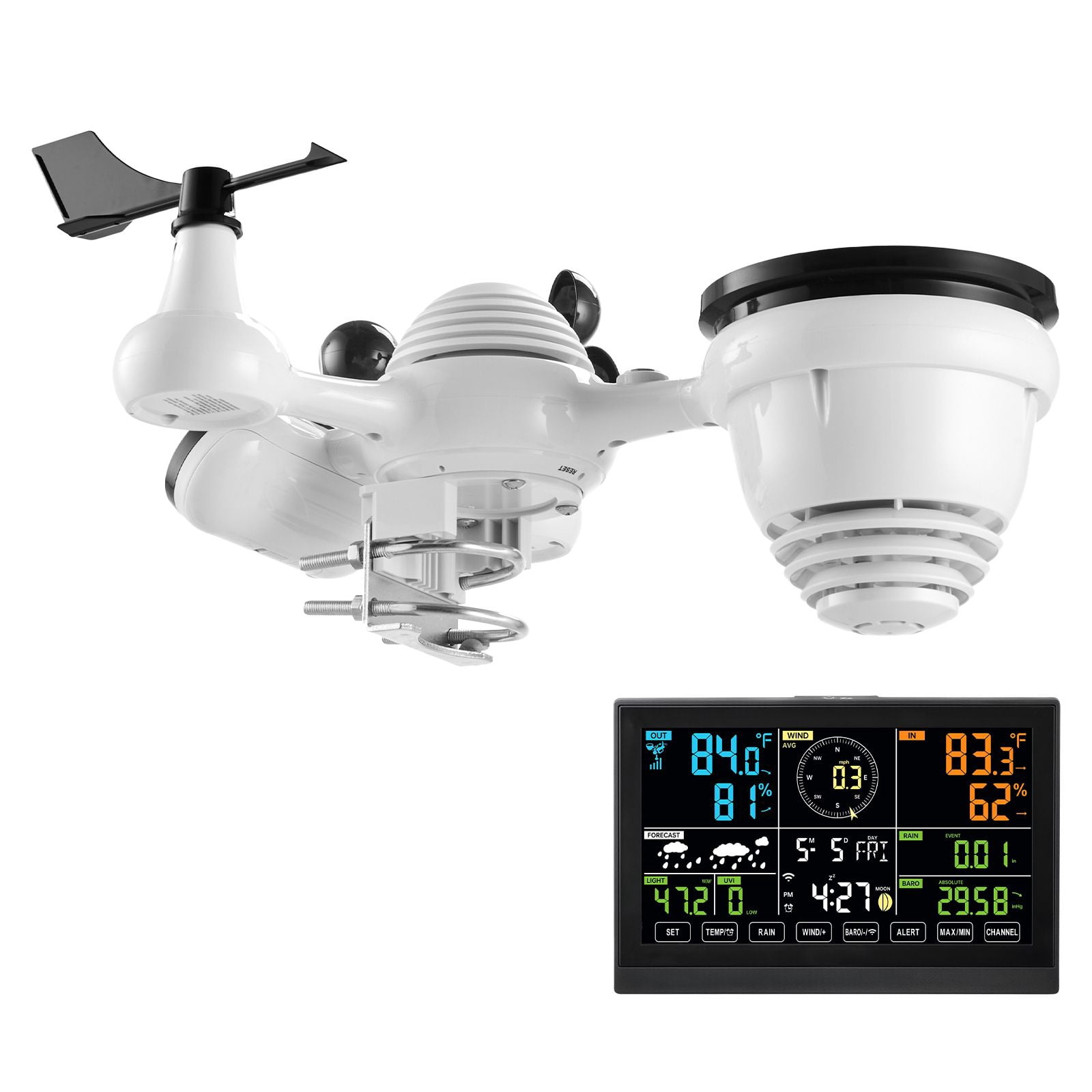 WiFi Weather Station 7-in-1 7.5 Inch Display Solar Powered Outdoor Sensor for Home Garden Farm