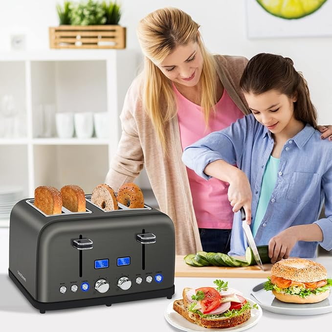 Toaster 4 Slice, LCD Display, 6 Shade Settings, 1.5'' Wide Slots, Digital Stainless Toaster for Bagel, Defrost, Reheat, Dual Control, Removable Crumb Tray, 1500W, Dark Metallic