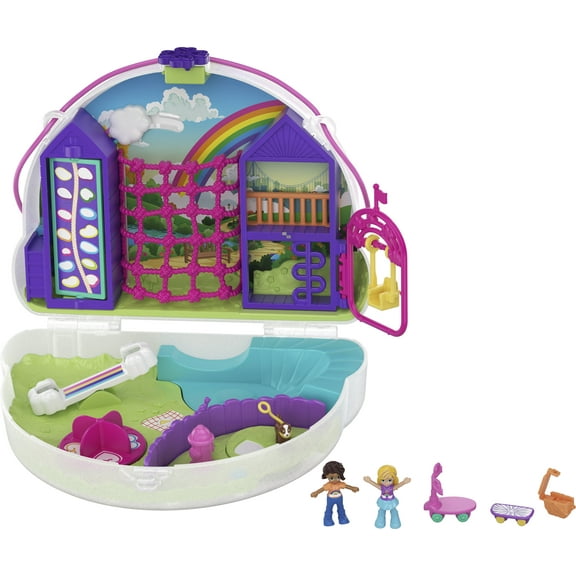 Polly Pocket Rainbow Dream Wearable Purse Compact, Travel Toy with 2 Micro Dolls & Sport Accessories