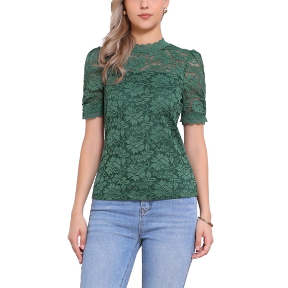 INSPIRE CHIC Floral Lace Top for Women's Mock Neck Puff Short Sleeve Elegant Lace Blouse Tops M Dark Green