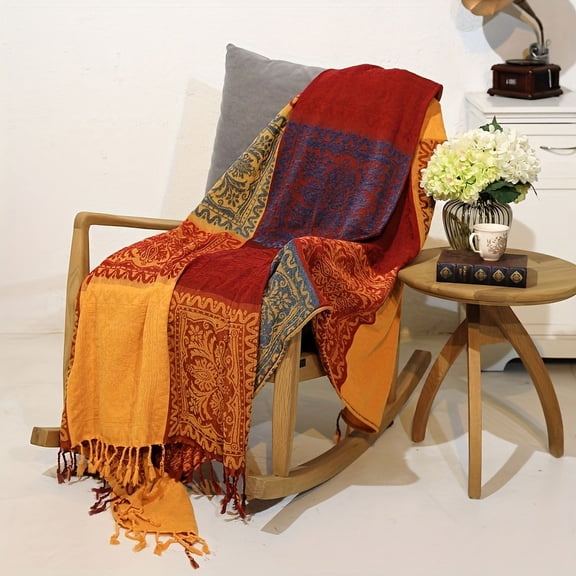 1pc Cozy Boho Chic Throw Blanket - Throws with Jacquard Chenille Fabric, Tassel Trim, Casual Sofa Nap Blanket, and Bedspread Functions