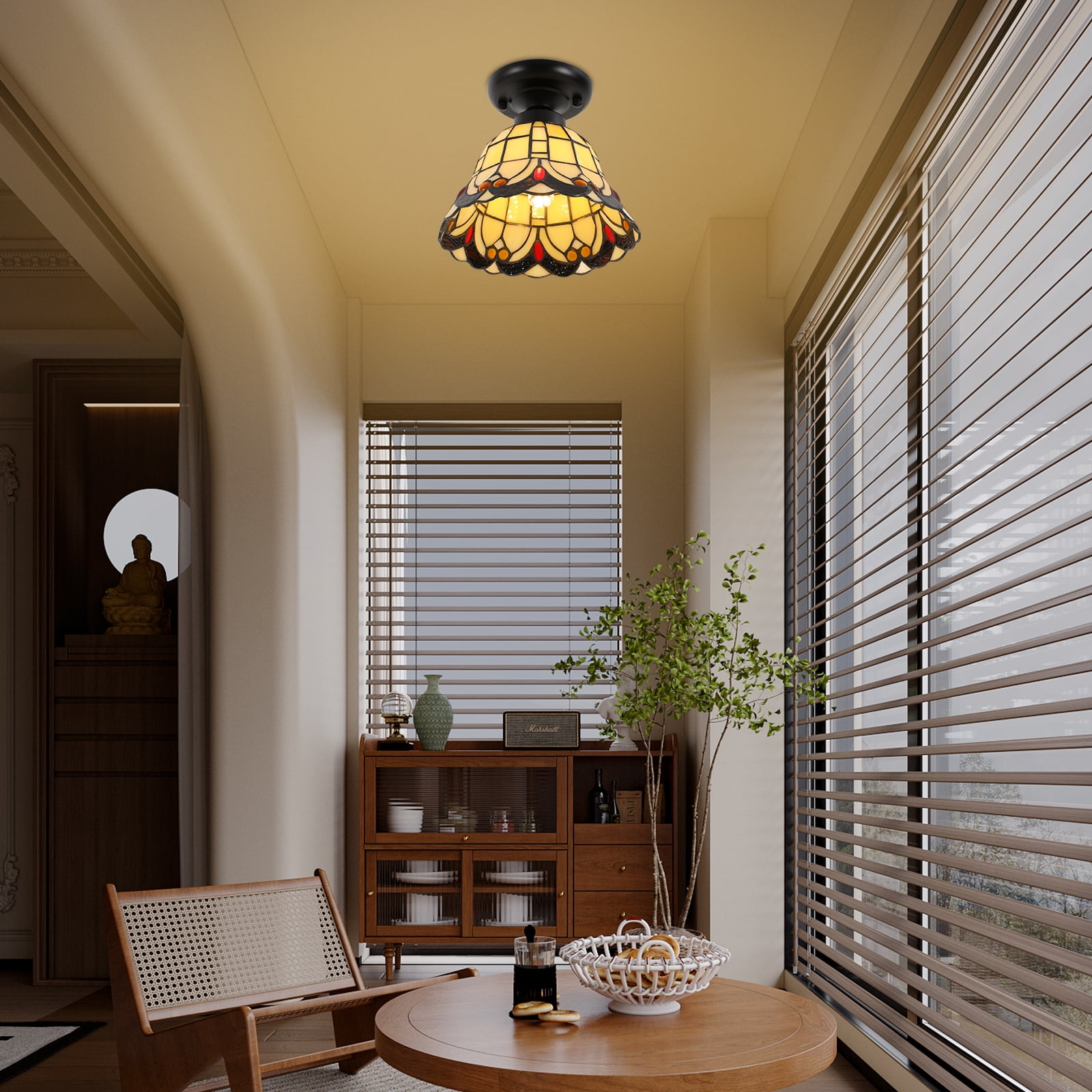Artistic Glass Ceiling Light, Manual Welded Retro Design, 4.33in Stable Base, Illuminates 108sq ft Area for Kitchen/Dining