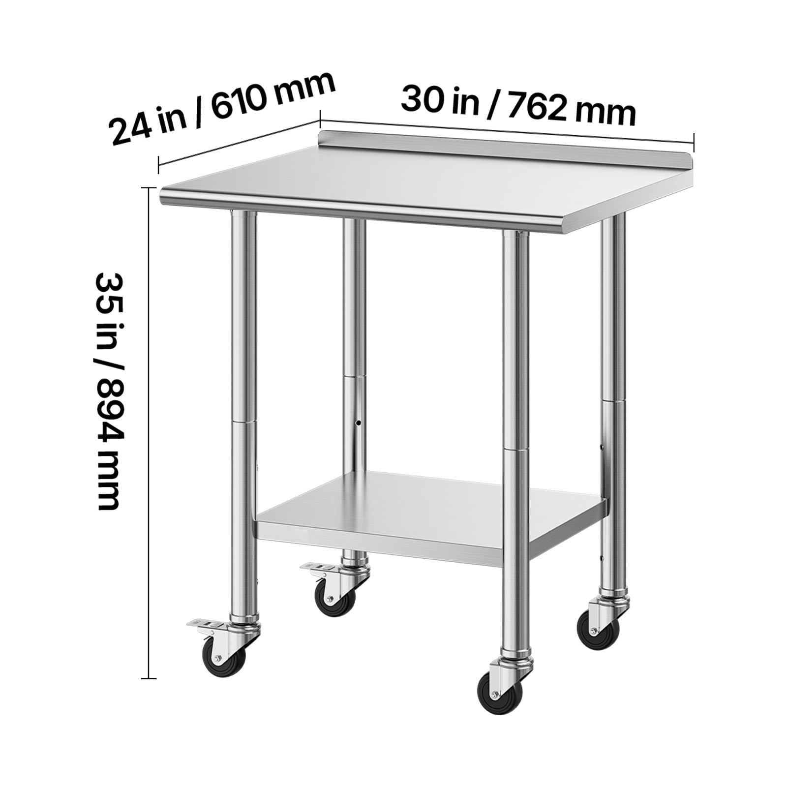 KFFKFF Stainless Steel Work Table, 24x30 inch Food Prep Station with Wheels and Backsplash, Adjustable Undershelf Metal Utility Table for Kitchen, Home, Restaurant, or Outdoor Use