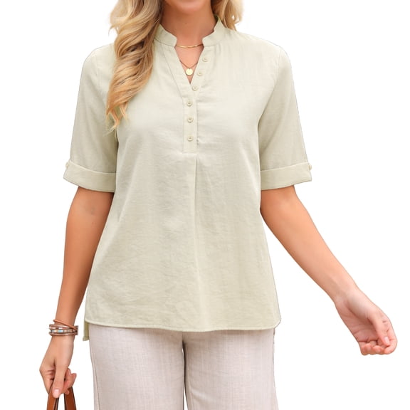 DARING DIVA Women's Button Down Cotton Short Sleeve V Neck Casual Tunic Blouse S Apricot
