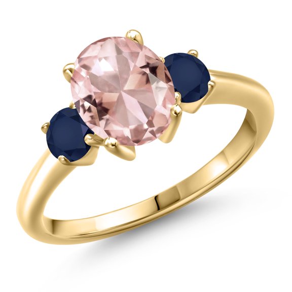Gem Stone King 10K Yellow Gold Peach Nano Morganite and Blue Sapphire Engagement Ring for Women | 2.70 Cttw | Oval 9X7MM | Gemstone October Birthstone | Size 9
