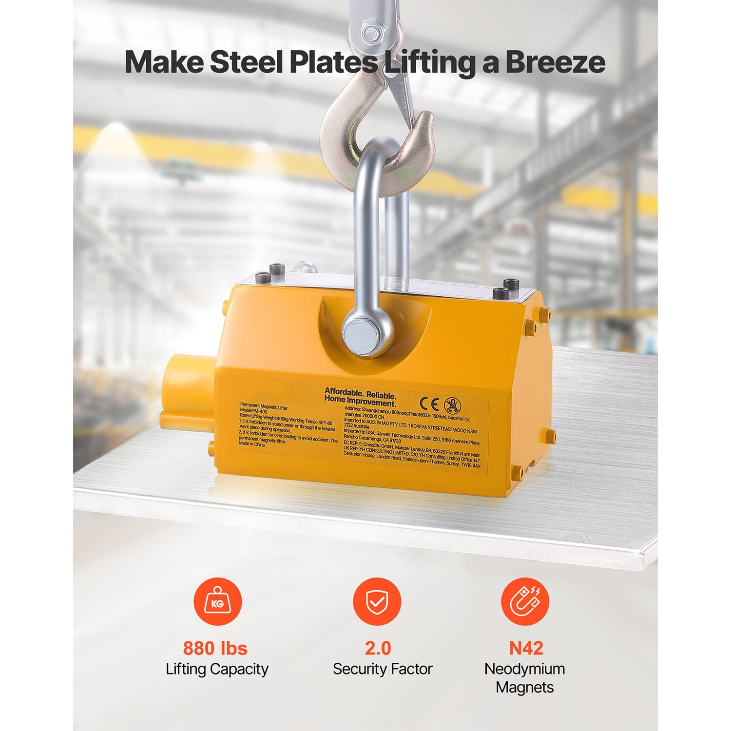 KFFKFF Permanent Magnetic Lifter with 880 lbs Load Capacity, Durable N42 Neodymium Magnet Featuring Release Handle and Steel Hook, Suitable for Crane and Hoist Applications in Lifting Steel Plates