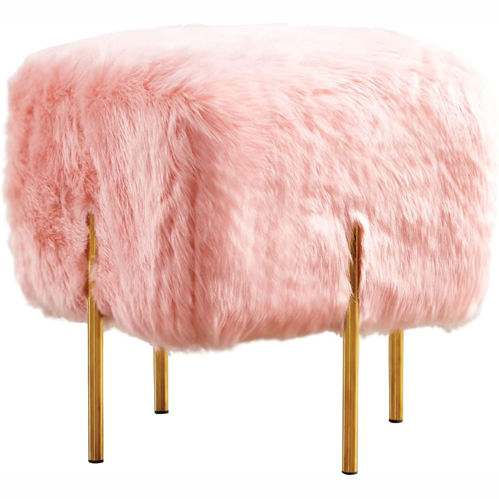 Faux Fur Vanity Stool With Gold Legs Soft Furry Padded Seat Fuzzy Bench