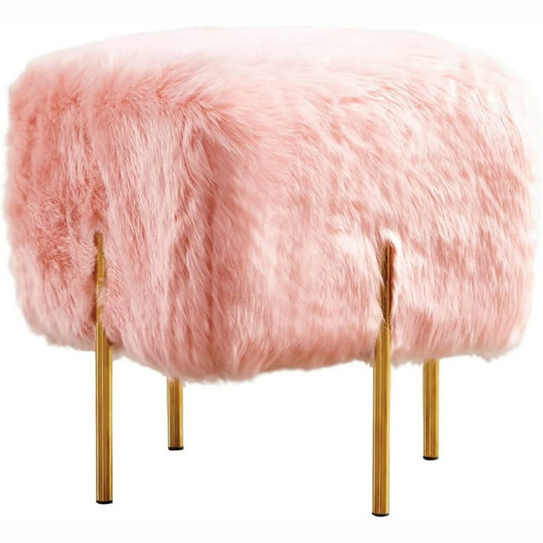 Faux Fur Vanity Stool With Gold Legs Soft Furry Padded Seat Fuzzy Bench