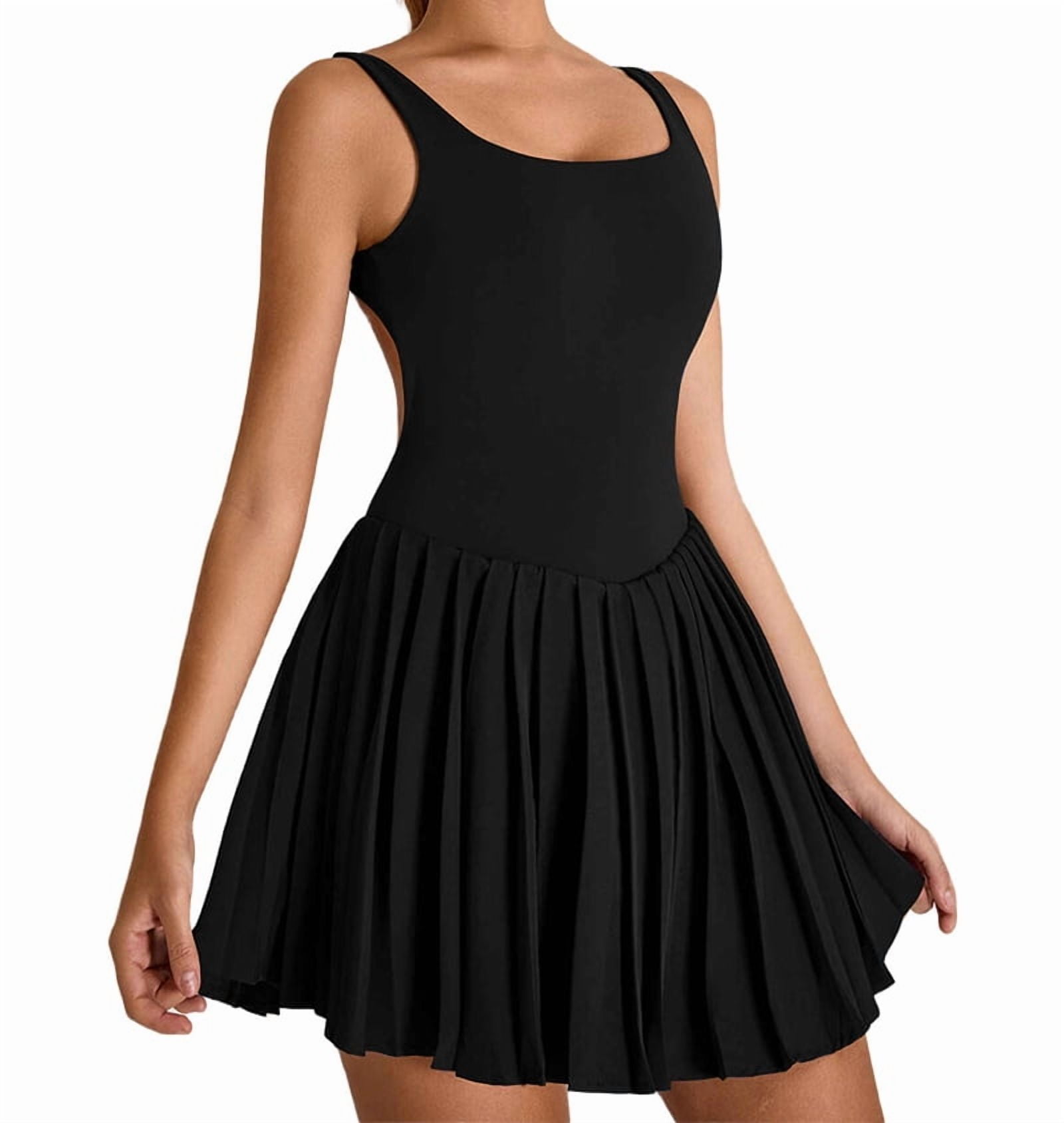 Womens Square Neck Tennis Dress Pleated Sleeveless Built in Shorts Golf Athletic Dress with Pockets Black XL