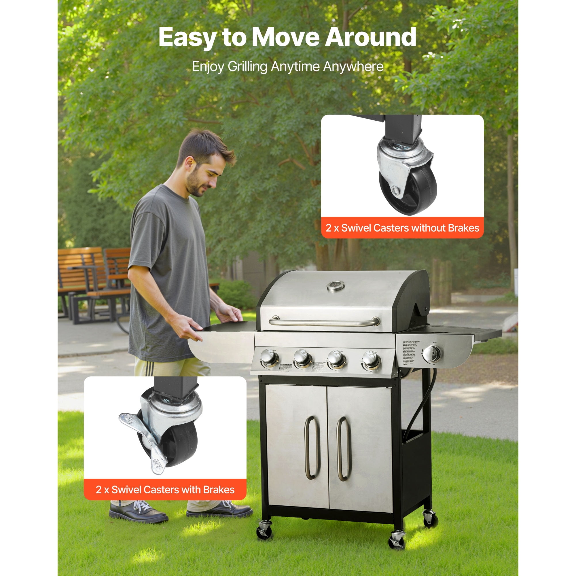 KFFKFF 4-Burner Propane Gas Grill with Side Burner, 425 SQ.In Cooking Space, Carbon Steel Enamel Grates, Outdoor 52,000 BTU Patio BBQ Grill with Dual Side Shelves, Stainless Steel Construction
