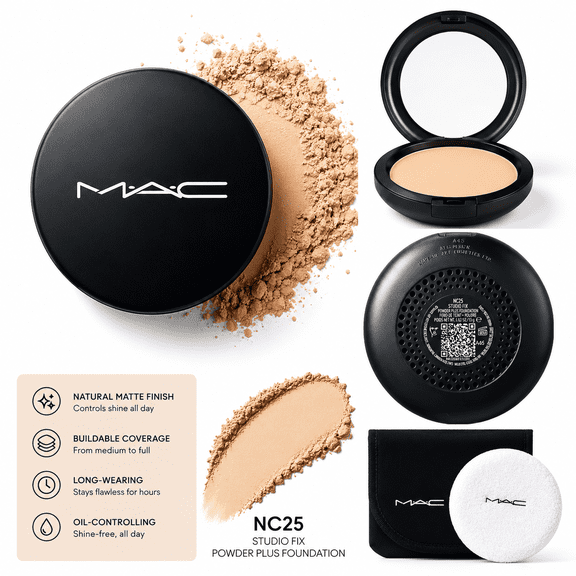 MAC Studio Fix Powder Plus Foundation NC25 | 24-Hour Oil Control | Buildable Medium-to-Full Coverage | Blur-Matte Finish | Refillable Compact | 0.42 oz / 12 g
