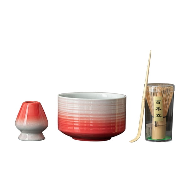 Juego de té japonés Matcha, kit ceremonial de Matcha, kit completo de batidor y soporte de bambú Matcha, juego de batidor Matcha con tazón rojo blanco